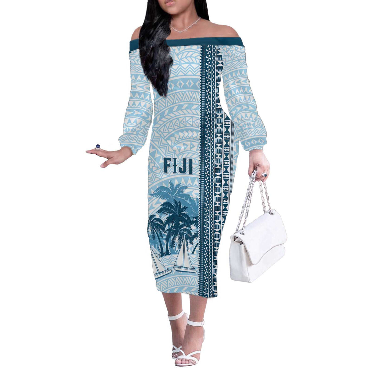 Custom Fiji Regatta Off The Shoulder Long Sleeve Dress Palm Tree Tapa Pattern - Polynesian Pride