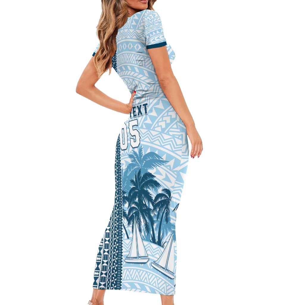 Custom Fiji Regatta Short Sleeve Bodycon Dress Palm Tree Tapa Pattern - Polynesian Pride