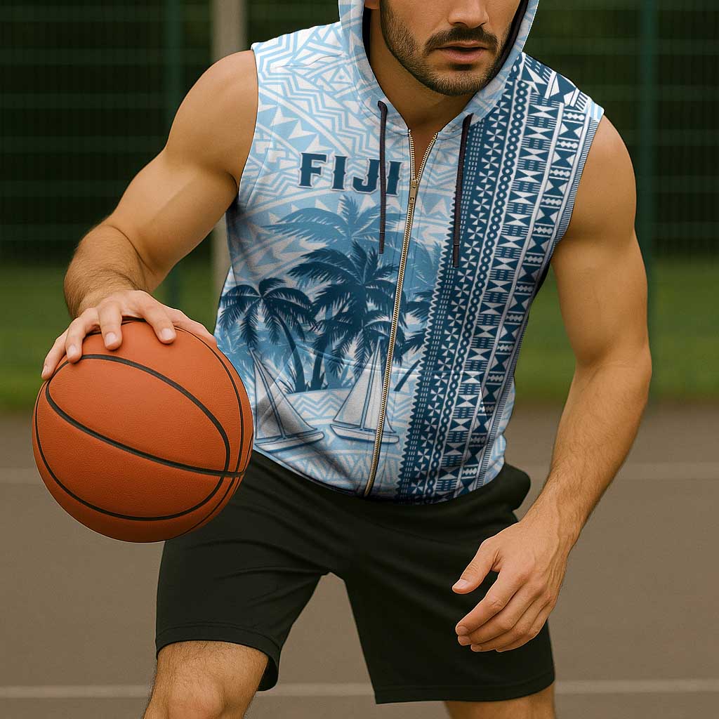 Custom Fiji Regatta Sleeveless Zip Hoodie Palm Tree Tapa Pattern - Polynesian Pride