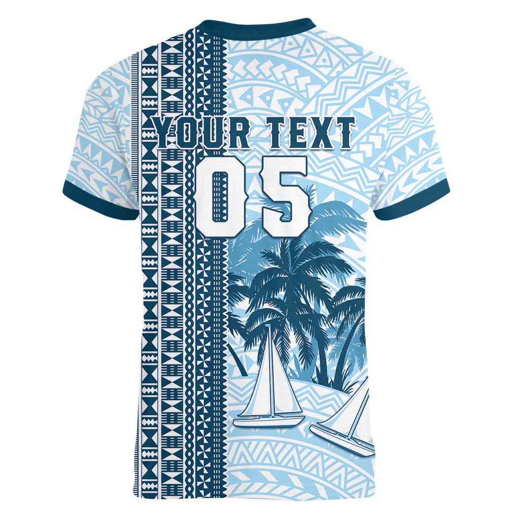 Custom Fiji Regatta Women V-Neck T-Shirt Palm Tree Tapa Pattern - Polynesian Pride