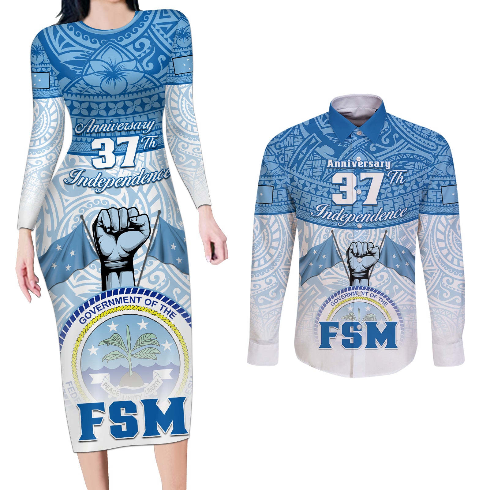 personalized-federated-states-of-micronesia-couples-matching-long-sleeve-bodycon-dress-and-long-sleeve-button-shirts-happy-37th-independence-anniversary
