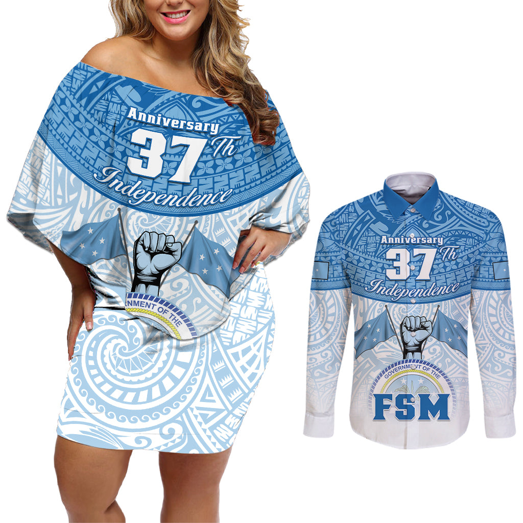 personalized-federated-states-of-micronesia-couples-matching-off-shoulder-short-dress-and-long-sleeve-button-shirts-happy-37th-independence-anniversary