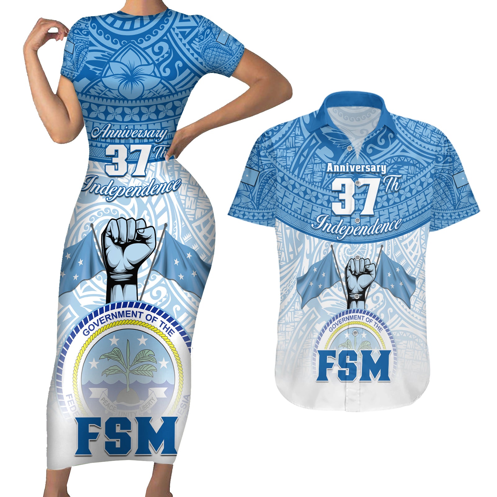 personalized-federated-states-of-micronesia-couples-matching-short-sleeve-bodycon-dress-and-hawaiian-shirt-happy-37th-independence-anniversary