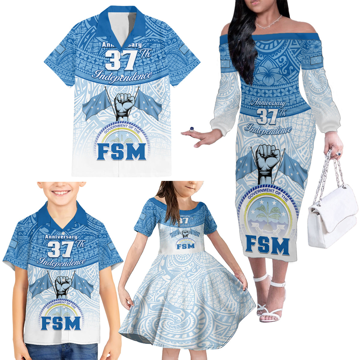 personalized-federated-states-of-micronesia-family-matching-off-shoulder-long-sleeve-dress-and-hawaiian-shirt-happy-37th-independence-anniversary