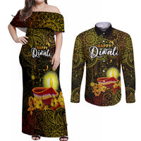happy-diwali-festival-couples-matching-off-shoulder-maxi-dress-and-long-sleeve-button-shirts-diya-lamp-hibiscus-polynesian-pattern