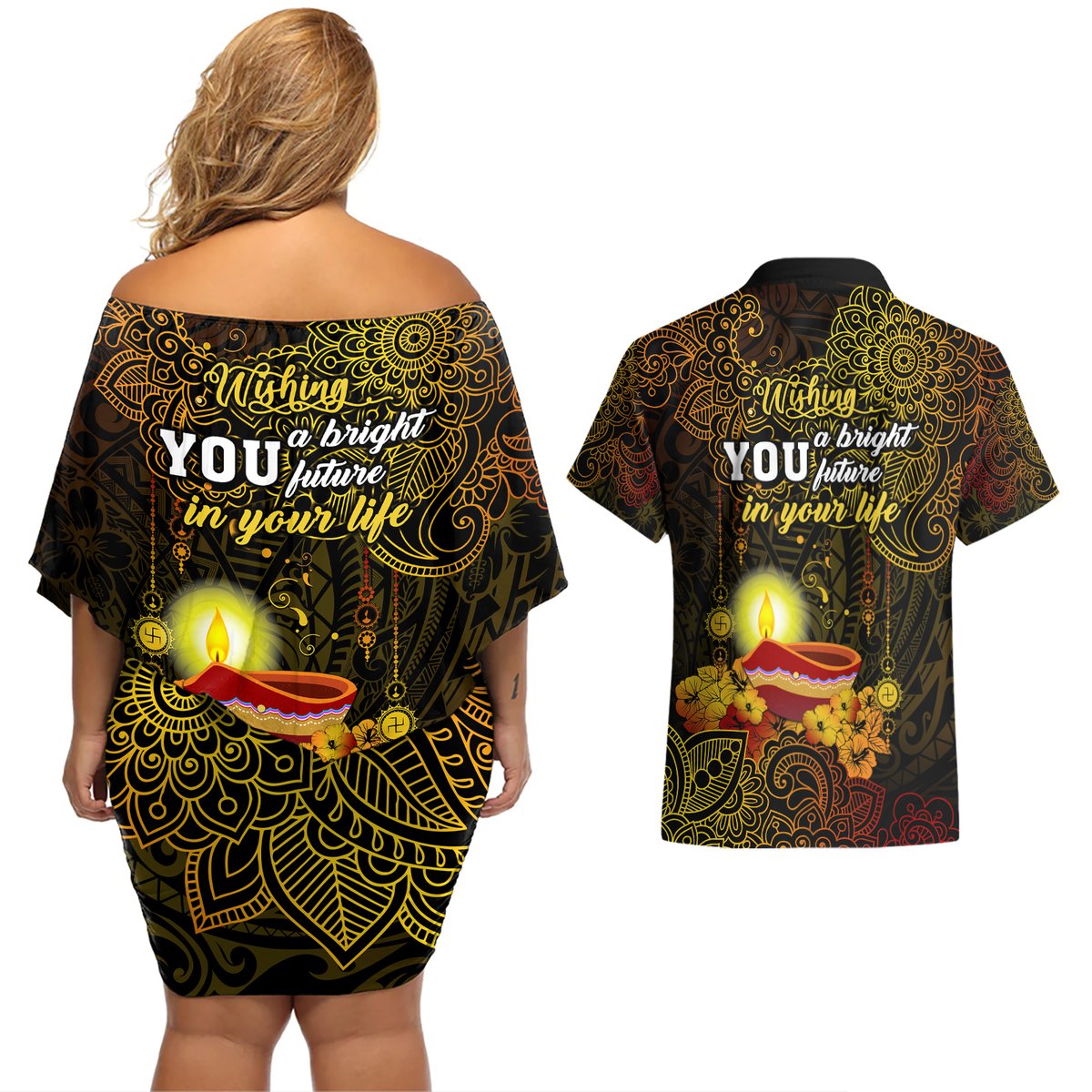 happy-diwali-festival-couples-matching-off-shoulder-short-dress-and-hawaiian-shirt-diya-lamp-hibiscus-polynesian-pattern