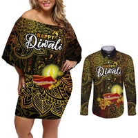 happy-diwali-festival-couples-matching-off-shoulder-short-dress-and-long-sleeve-button-shirts-diya-lamp-hibiscus-polynesian-pattern