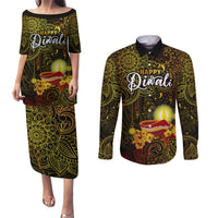 happy-diwali-festival-couples-matching-puletasi-dress-and-long-sleeve-button-shirts-diya-lamp-hibiscus-polynesian-pattern