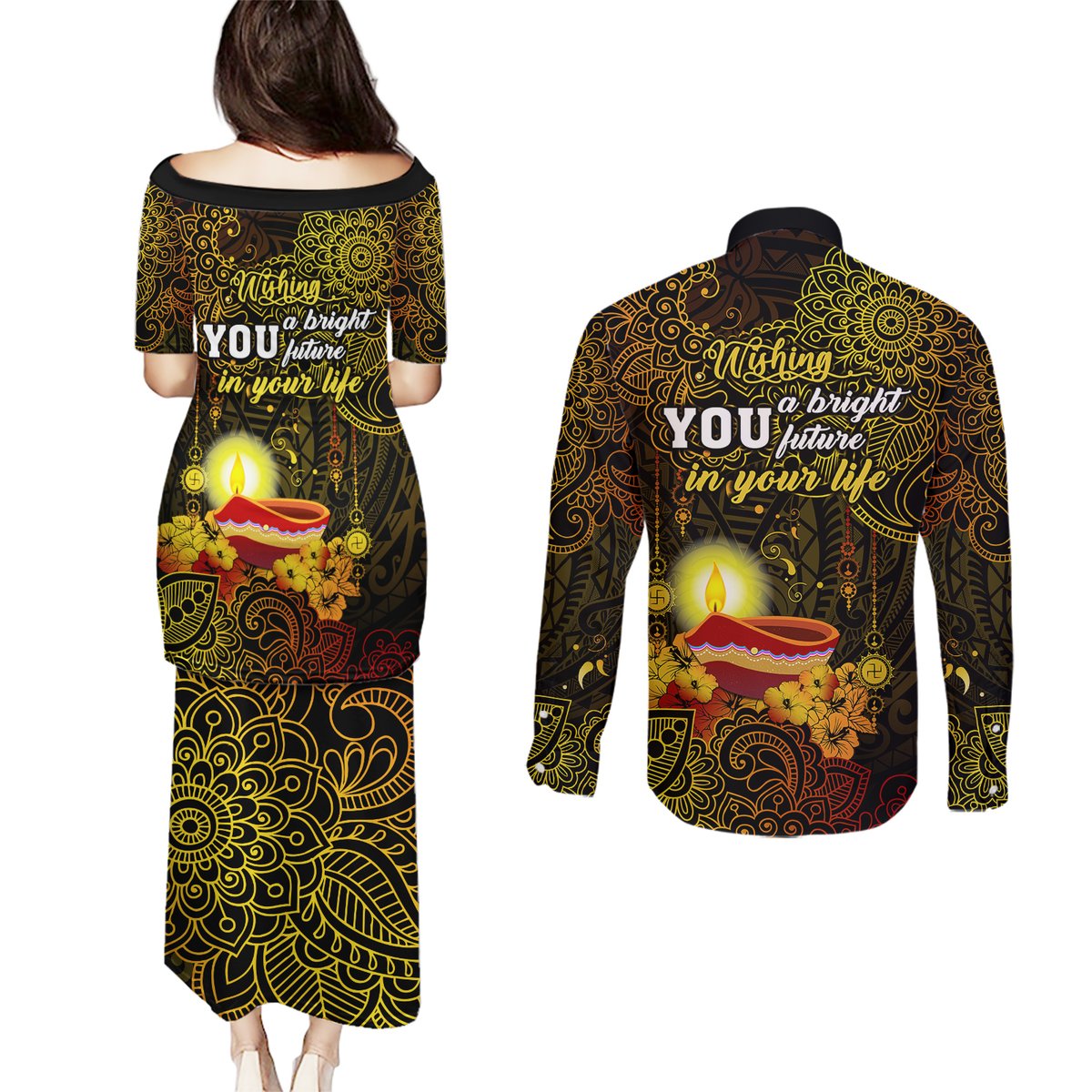 happy-diwali-festival-couples-matching-puletasi-dress-and-long-sleeve-button-shirts-diya-lamp-hibiscus-polynesian-pattern