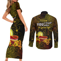 happy-diwali-festival-couples-matching-short-sleeve-bodycon-dress-and-long-sleeve-button-shirts-diya-lamp-hibiscus-polynesian-pattern