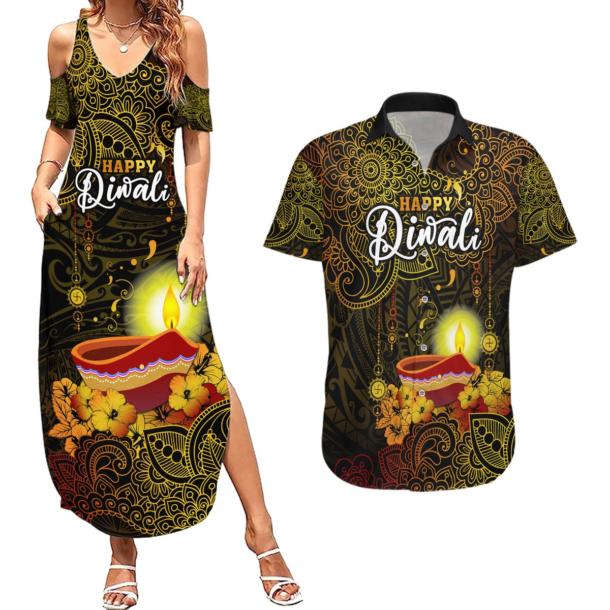 happy-diwali-festival-couples-matching-summer-maxi-dress-and-hawaiian-shirt-diya-lamp-hibiscus-polynesian-pattern