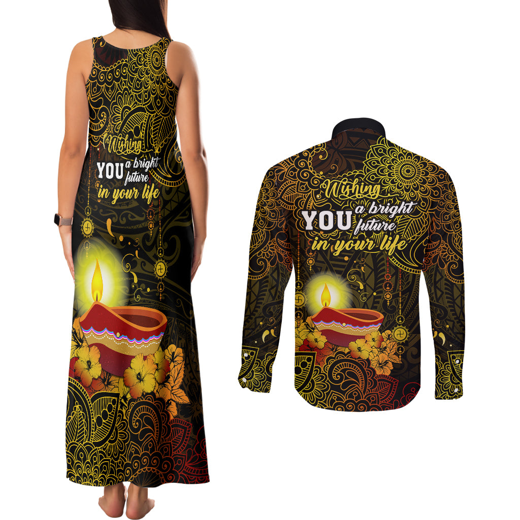 happy-diwali-festival-couples-matching-tank-maxi-dress-and-long-sleeve-button-shirts-diya-lamp-hibiscus-polynesian-pattern