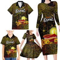 happy-diwali-festival-family-matching-long-sleeve-bodycon-dress-and-hawaiian-shirt-diya-lamp-hibiscus-polynesian-pattern