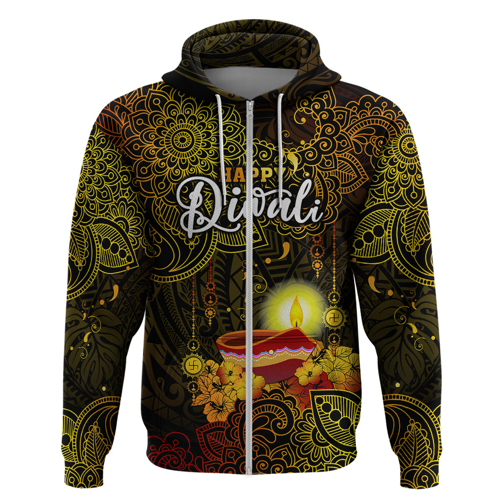 Happy Diwali Festival Hoodie Diya Lamp Hibiscus Polynesian Pattern LT05 Zip Hoodie Yellow - Polynesian Pride