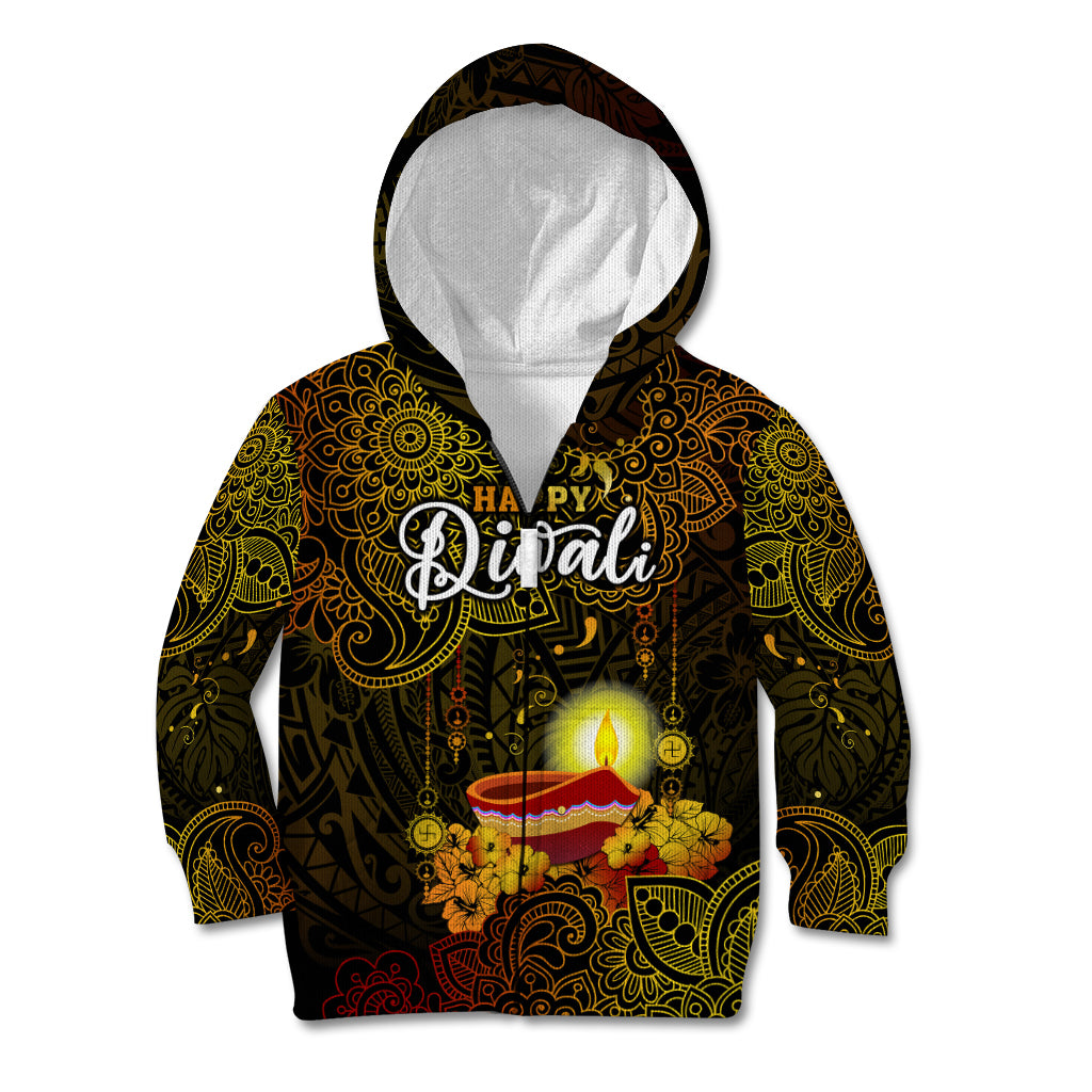 Happy Diwali Festival Kid Hoodie Diya Lamp Hibiscus Polynesian Pattern LT05 - Polynesian Pride
