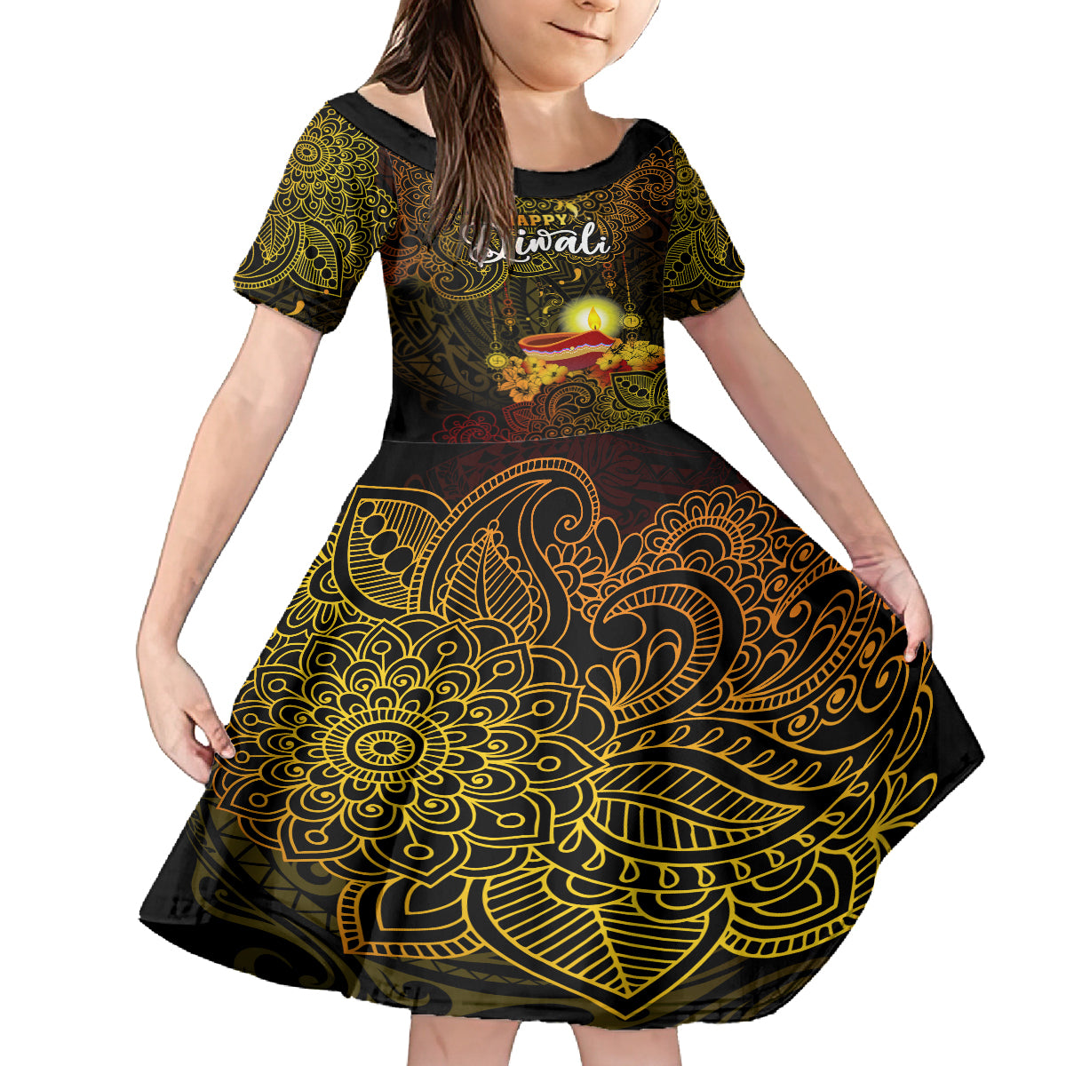 happy-diwali-festival-kid-short-sleeve-dress-diya-lamp-hibiscus-polynesian-pattern