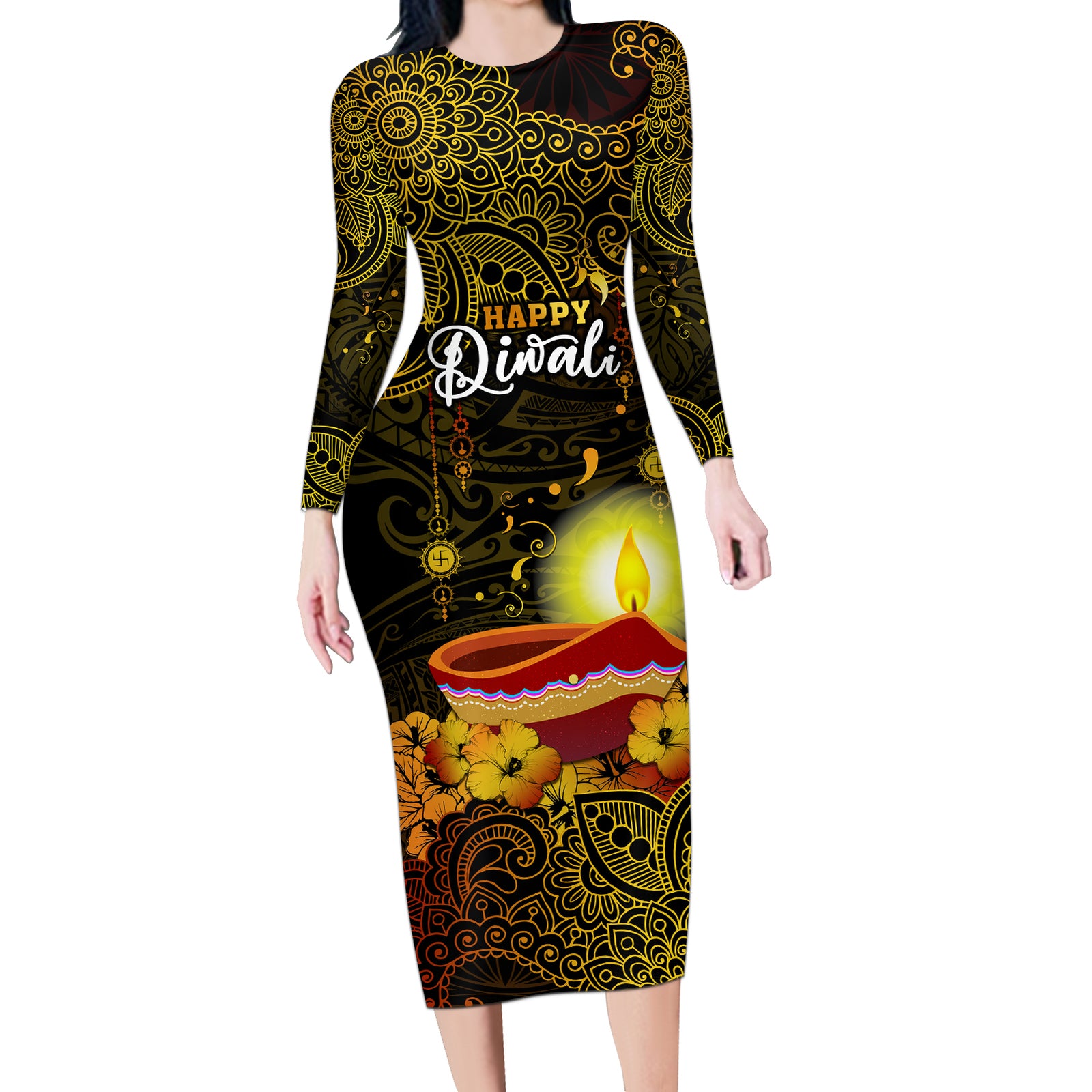 Happy Diwali Festival Long Sleeve Bodycon Dress Diya Lamp Hibiscus Polynesian Pattern LT05 Long Dress Yellow - Polynesian Pride