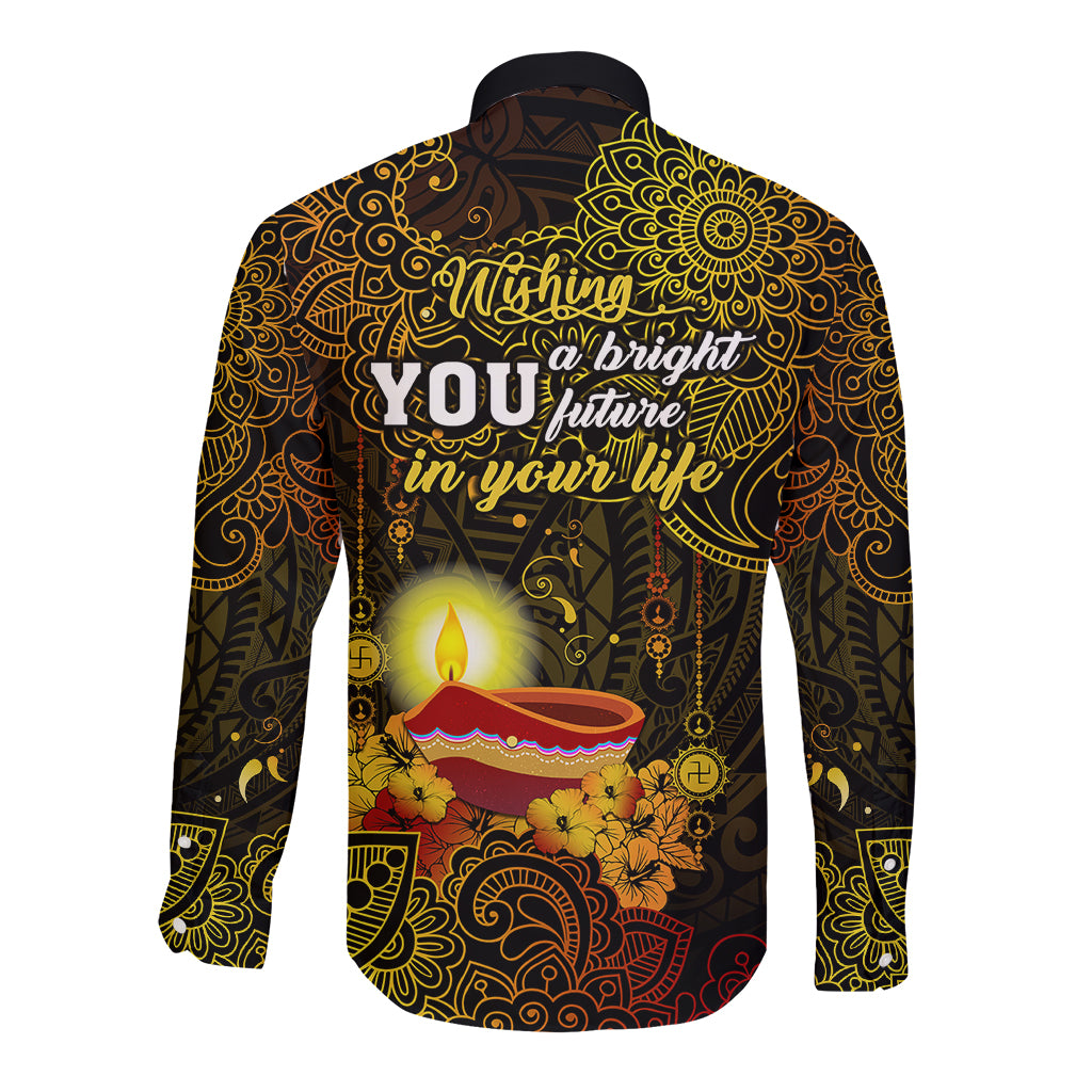 happy-diwali-festival-long-sleeve-button-shirt-diya-lamp-hibiscus-polynesian-pattern