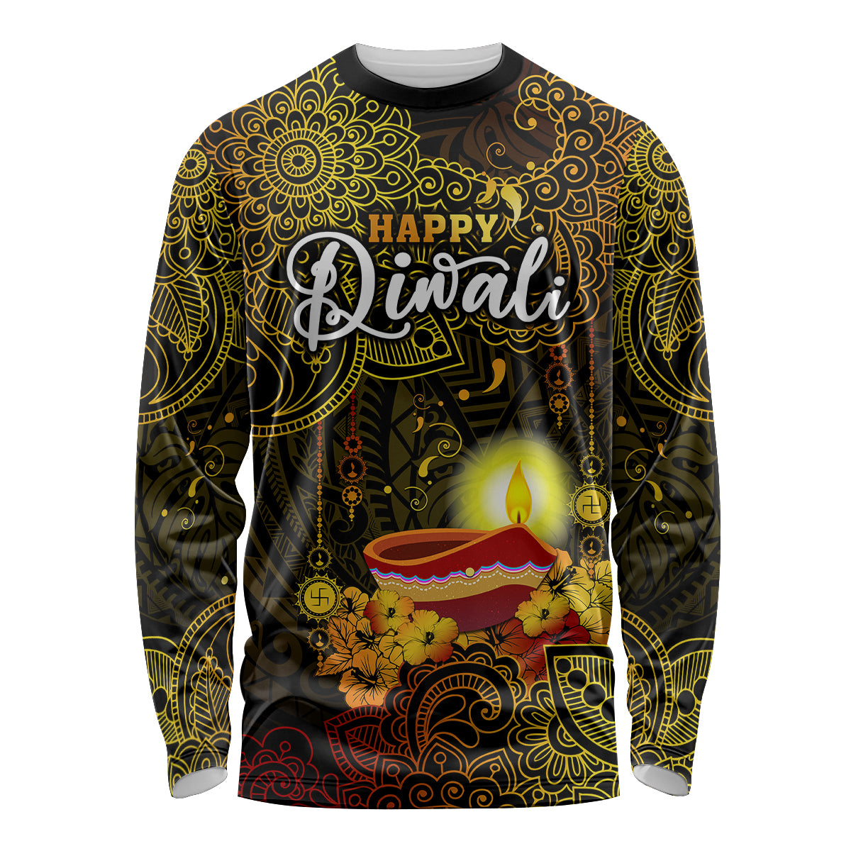 Happy Diwali Festival Long Sleeve Shirt Diya Lamp Hibiscus Polynesian Pattern LT05 Unisex Yellow - Polynesian Pride