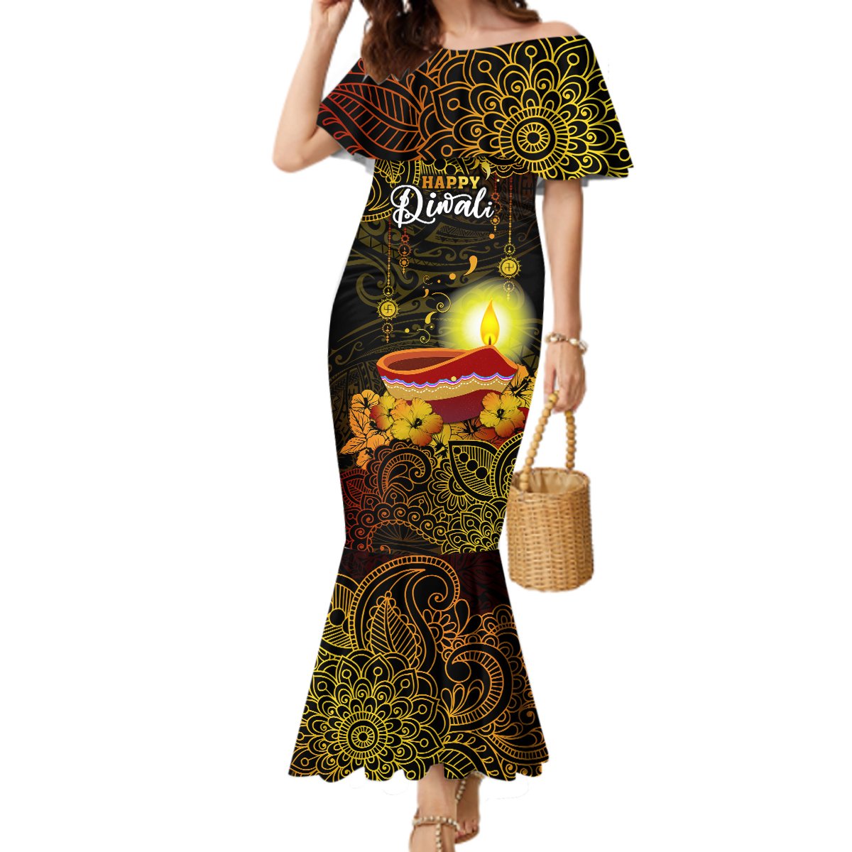 Happy Diwali Festival Mermaid Dress Diya Lamp Hibiscus Polynesian Pattern LT05 Women Yellow - Polynesian Pride