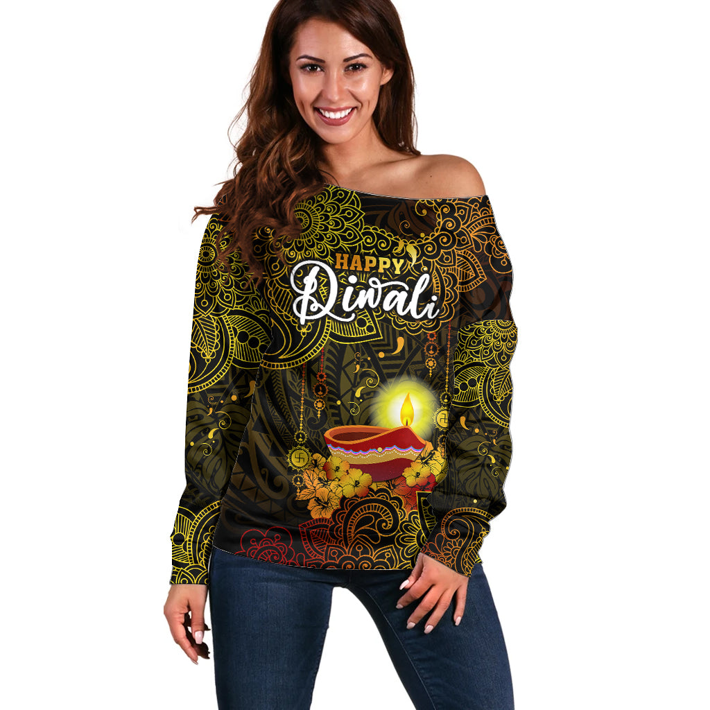Happy Diwali Festival Off Shoulder Sweater Diya Lamp Hibiscus Polynesian Pattern LT05 Women Yellow - Polynesian Pride