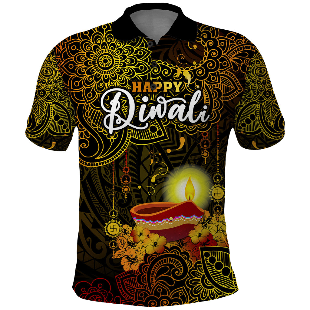 Happy Diwali Festival Polo Shirt Diya Lamp Hibiscus Polynesian Pattern LT05 Yellow - Polynesian Pride