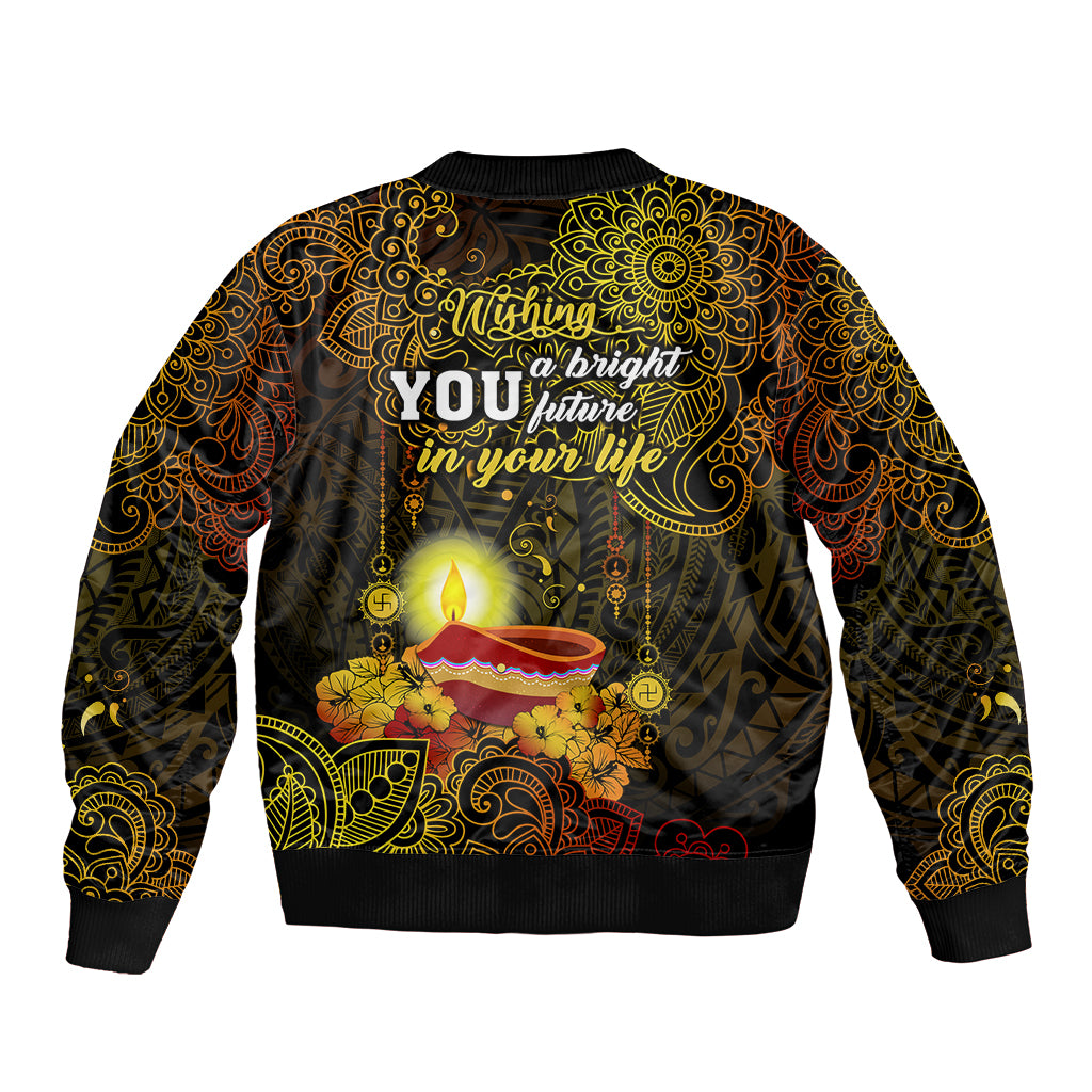 happy-diwali-festival-sleeve-zip-bomber-jacket-diya-lamp-hibiscus-polynesian-pattern