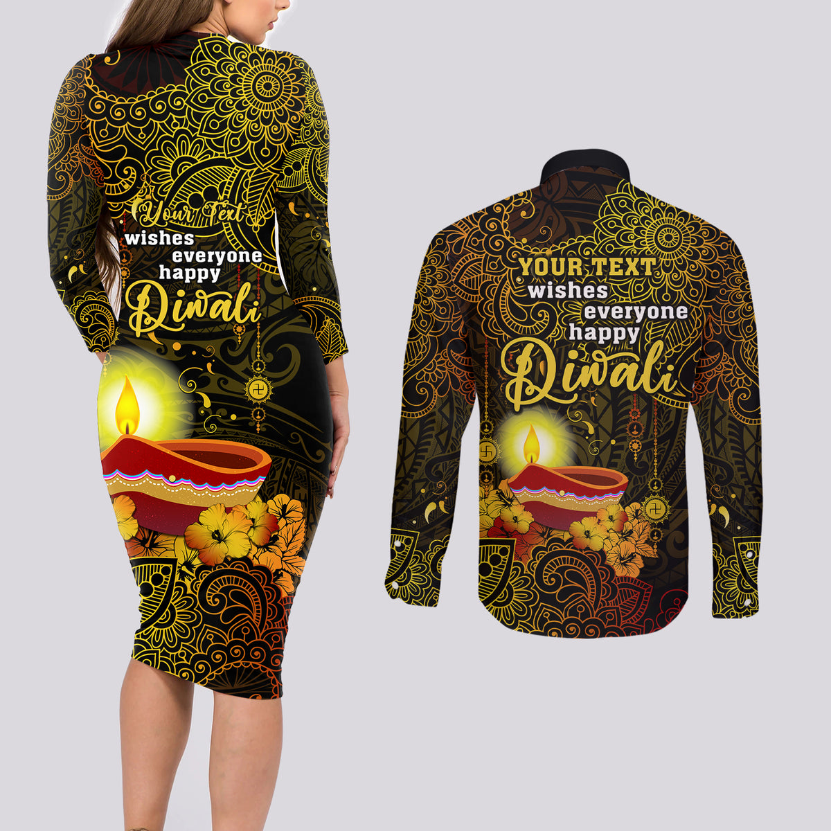 personalized-happy-diwali-festival-couples-matching-long-sleeve-bodycon-dress-and-long-sleeve-button-shirts-diya-lamp-hibiscus-polynesian-pattern