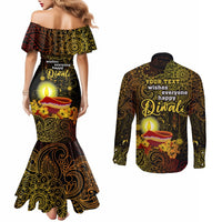 personalized-happy-diwali-festival-couples-matching-mermaid-dress-and-long-sleeve-button-shirts-diya-lamp-hibiscus-polynesian-pattern
