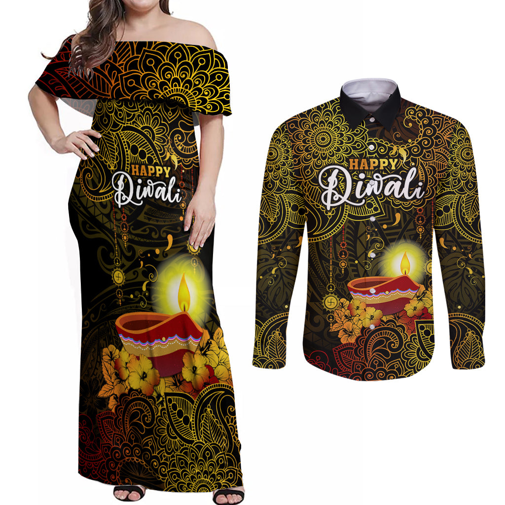 Personalized Happy Diwali Festival Couples Matching Off Shoulder Maxi Dress and Long Sleeve Button Shirts Diya Lamp Hibiscus Polynesian Pattern LT05 Yellow - Polynesian Pride
