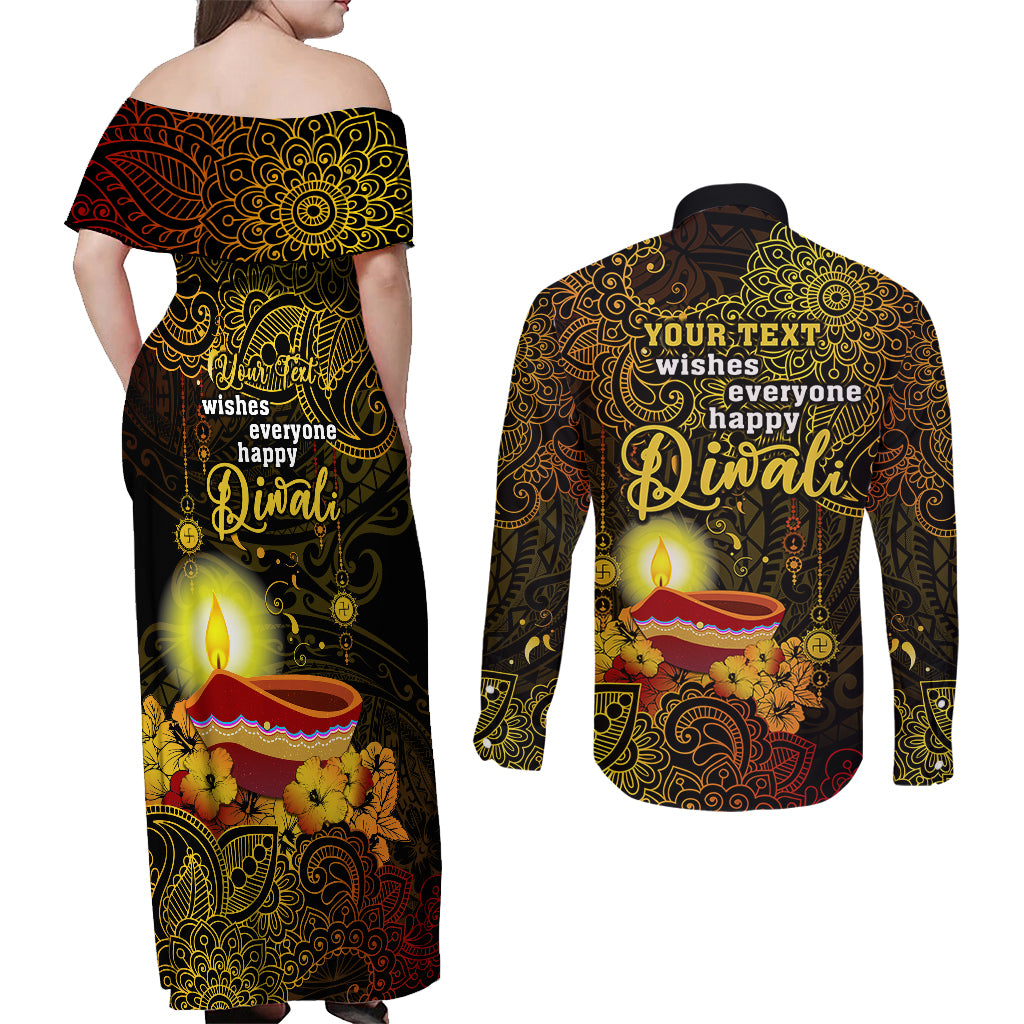 Personalized Happy Diwali Festival Couples Matching Off Shoulder Maxi Dress and Long Sleeve Button Shirts Diya Lamp Hibiscus Polynesian Pattern LT05 - Polynesian Pride