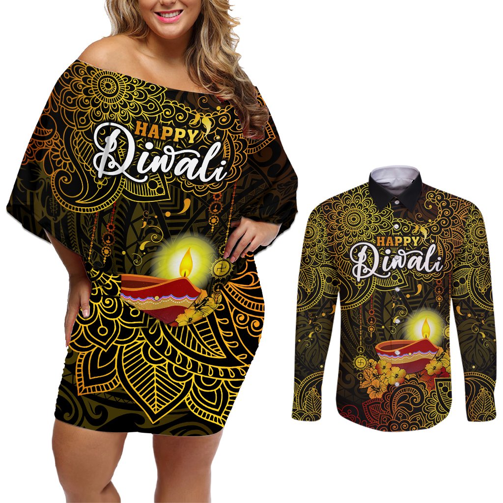 Personalized Happy Diwali Festival Couples Matching Off Shoulder Short Dress and Long Sleeve Button Shirts Diya Lamp Hibiscus Polynesian Pattern LT05 Yellow - Polynesian Pride