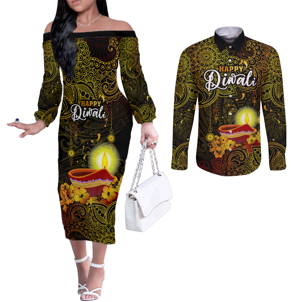 personalized-happy-diwali-festival-couples-matching-off-the-shoulder-long-sleeve-dress-and-long-sleeve-button-shirts-diya-lamp-hibiscus-polynesian-pattern