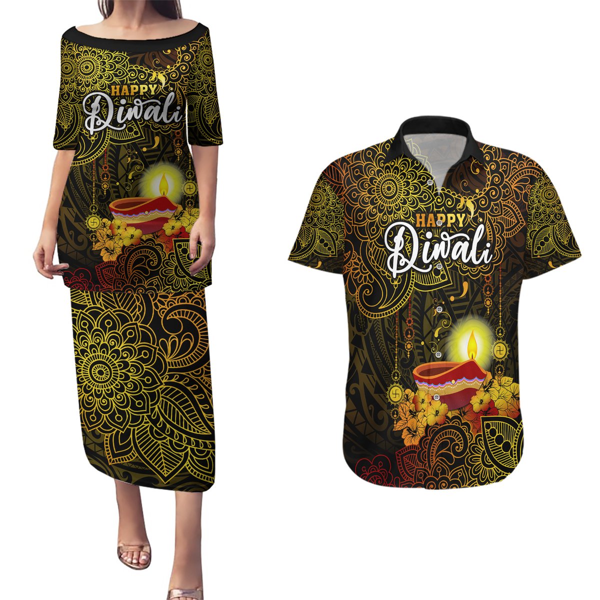Personalized Happy Diwali Festival Couples Matching Puletasi Dress and Hawaiian Shirt Diya Lamp Hibiscus Polynesian Pattern LT05 Yellow - Polynesian Pride