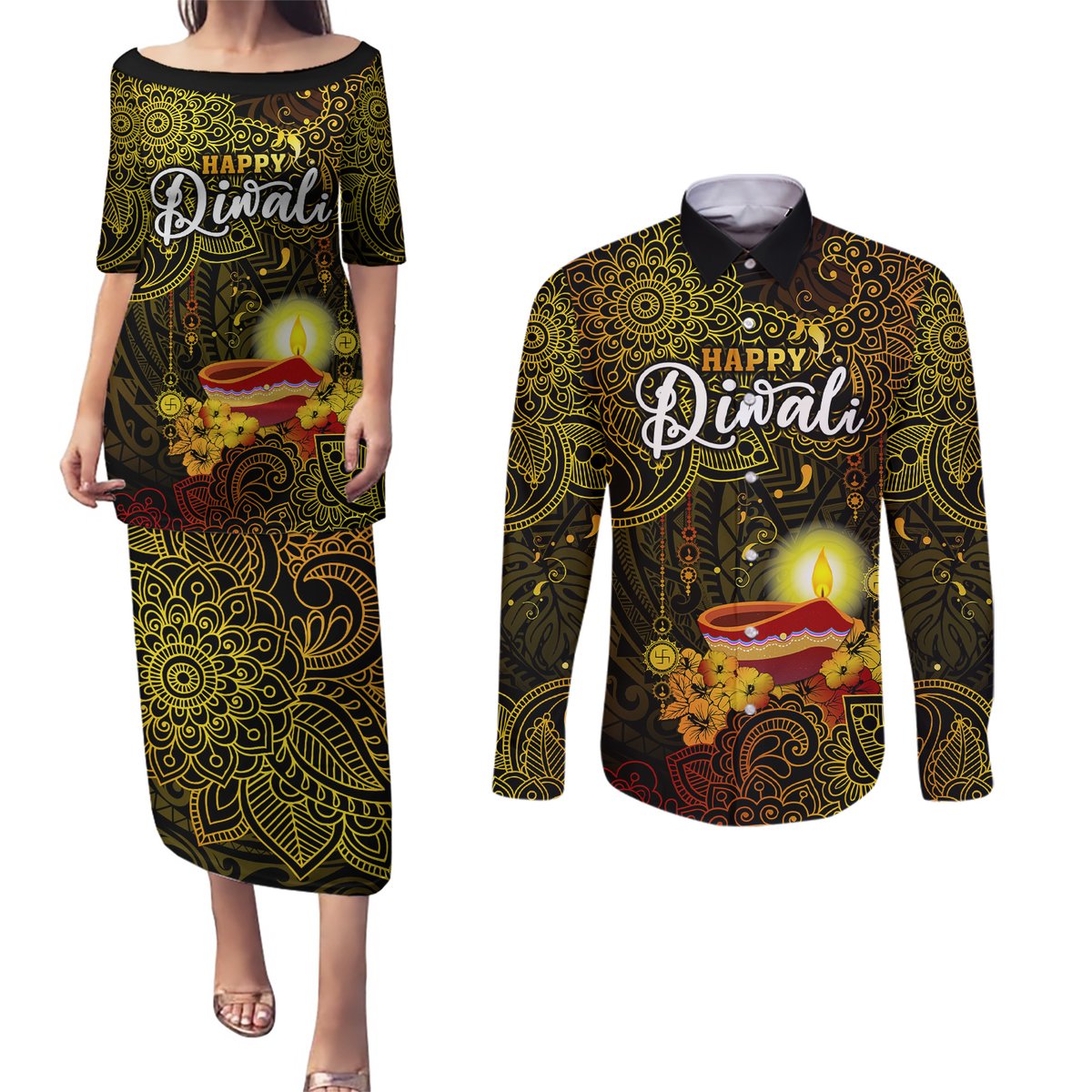 personalized-happy-diwali-festival-couples-matching-puletasi-dress-and-long-sleeve-button-shirts-diya-lamp-hibiscus-polynesian-pattern