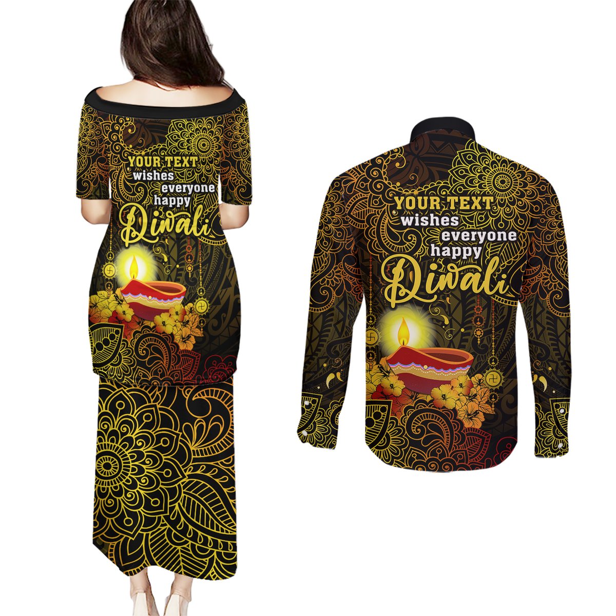 personalized-happy-diwali-festival-couples-matching-puletasi-dress-and-long-sleeve-button-shirts-diya-lamp-hibiscus-polynesian-pattern