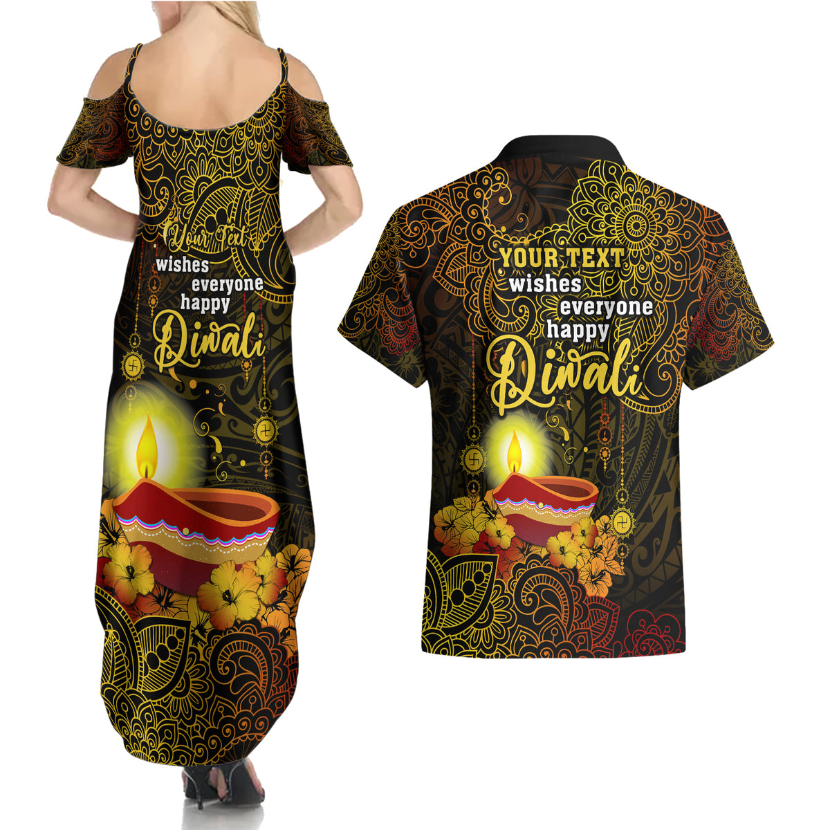 personalized-happy-diwali-festival-couples-matching-summer-maxi-dress-and-hawaiian-shirt-diya-lamp-hibiscus-polynesian-pattern