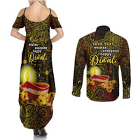 personalized-happy-diwali-festival-couples-matching-summer-maxi-dress-and-long-sleeve-button-shirts-diya-lamp-hibiscus-polynesian-pattern