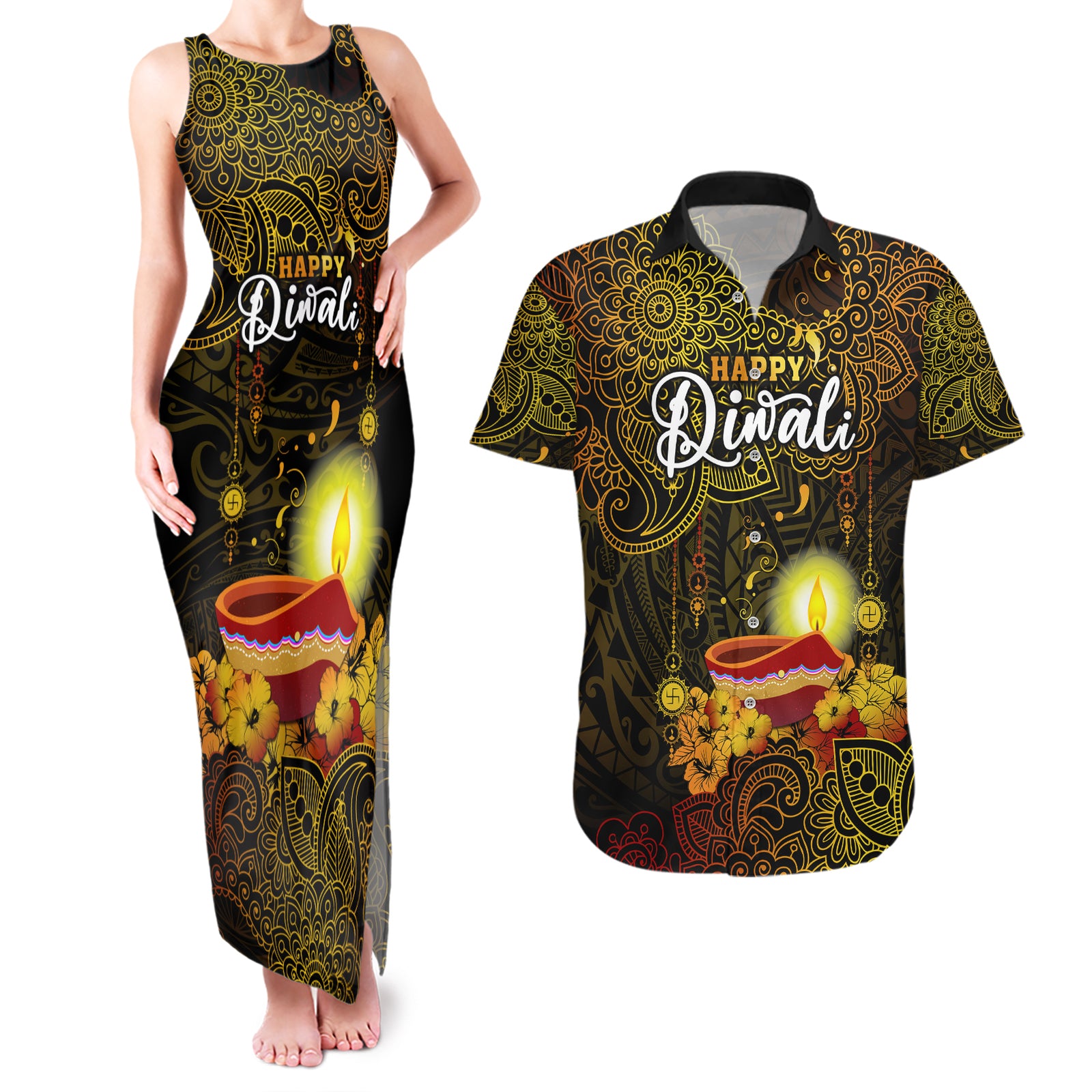 Personalized Happy Diwali Festival Couples Matching Tank Maxi Dress and Hawaiian Shirt Diya Lamp Hibiscus Polynesian Pattern LT05 Yellow - Polynesian Pride