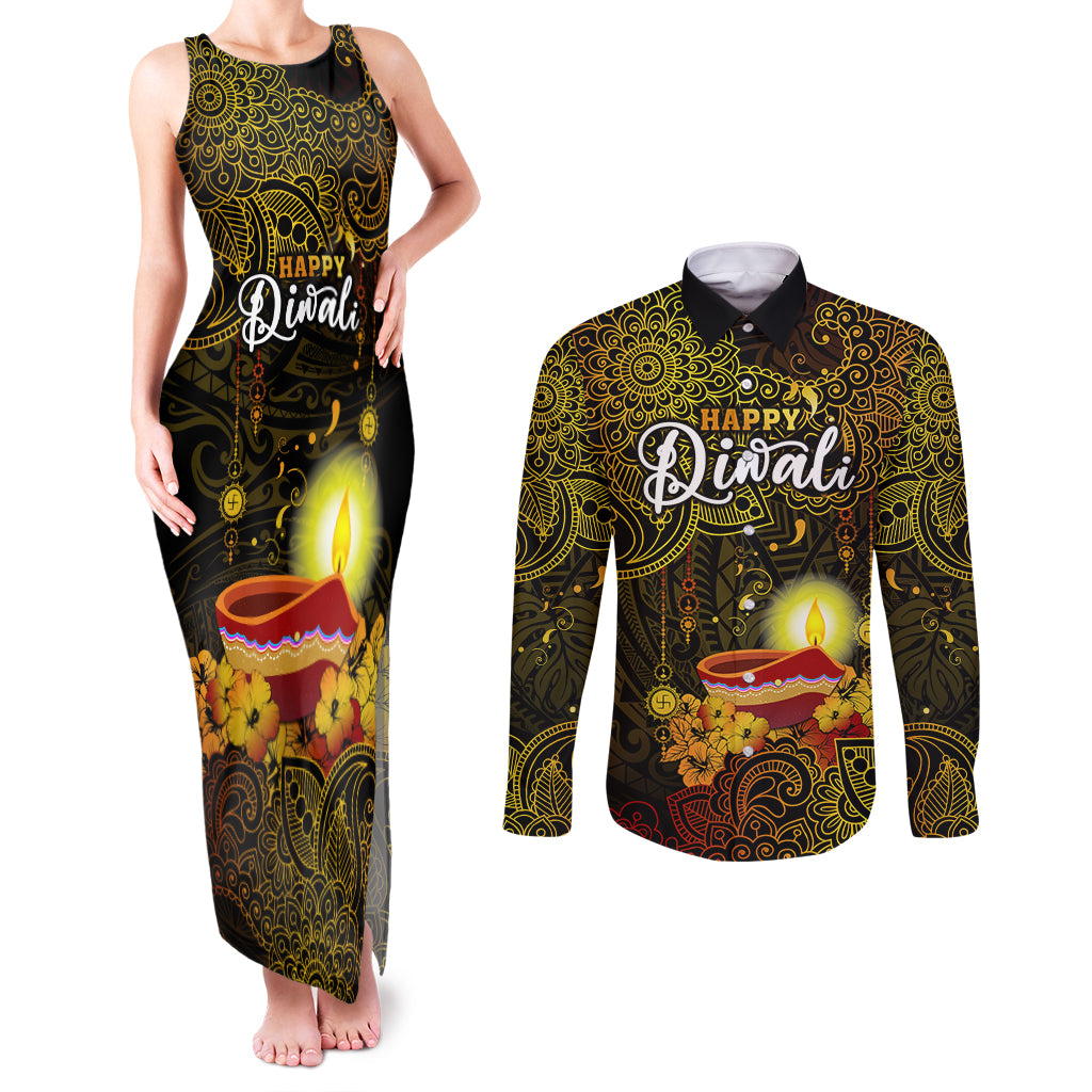 Personalized Happy Diwali Festival Couples Matching Tank Maxi Dress and Long Sleeve Button Shirts Diya Lamp Hibiscus Polynesian Pattern LT05 Yellow - Polynesian Pride
