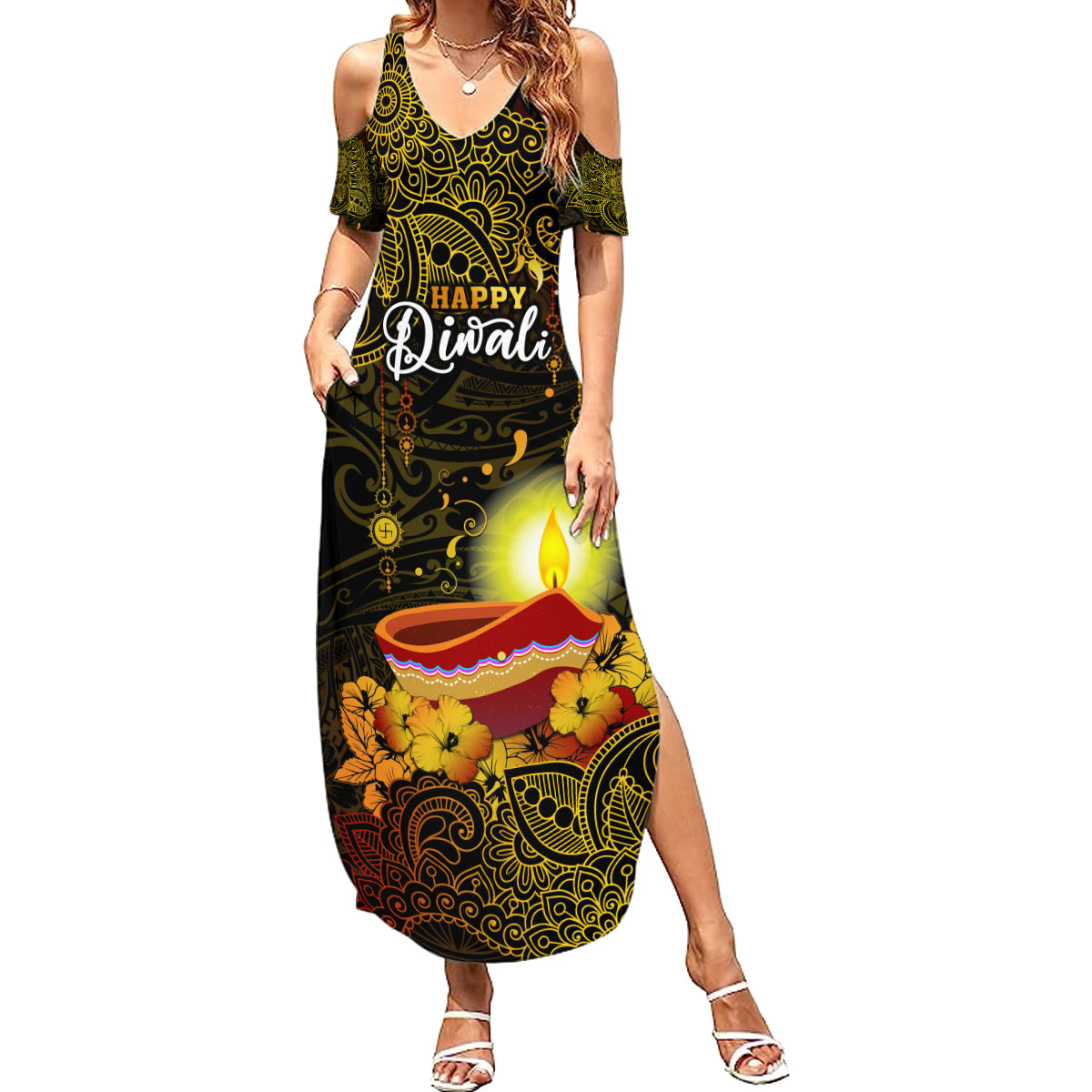 Personalized Happy Diwali Festival Family Matching Summer Maxi Dress and Hawaiian Shirt Diya Lamp Hibiscus Polynesian Pattern LT05 Mom's Dress Yellow - Polynesian Pride