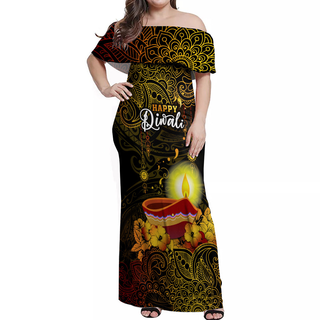 Personalized Happy Diwali Festival Off Shoulder Maxi Dress Diya Lamp Hibiscus Polynesian Pattern LT05 Women Yellow - Polynesian Pride