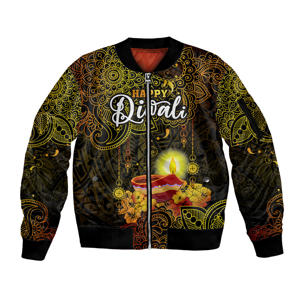 personalized-happy-diwali-festival-sleeve-zip-bomber-jacket-diya-lamp-hibiscus-polynesian-pattern