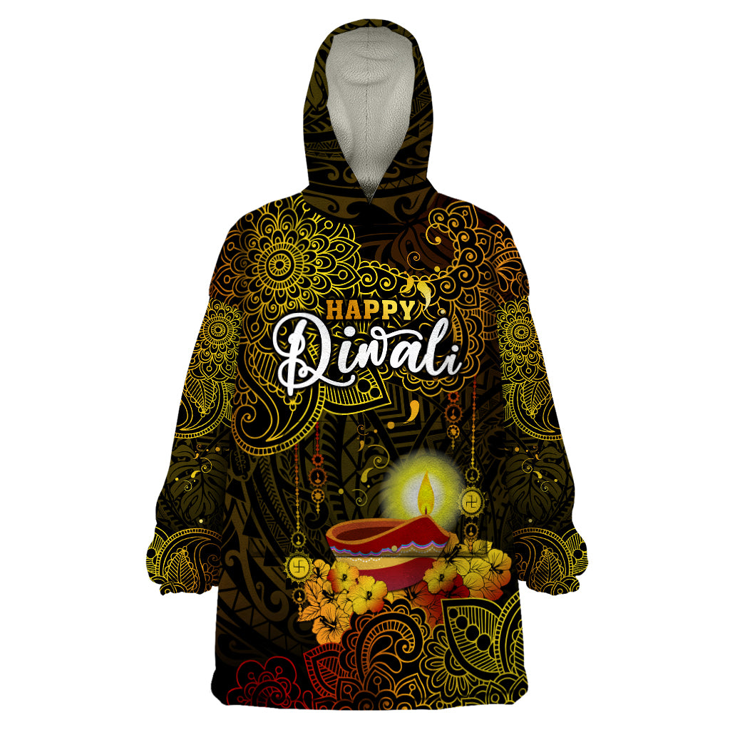 Personalized Happy Diwali Festival Wearable Blanket Hoodie Diya Lamp Hibiscus Polynesian Pattern LT05 One Size Yellow - Polynesian Pride