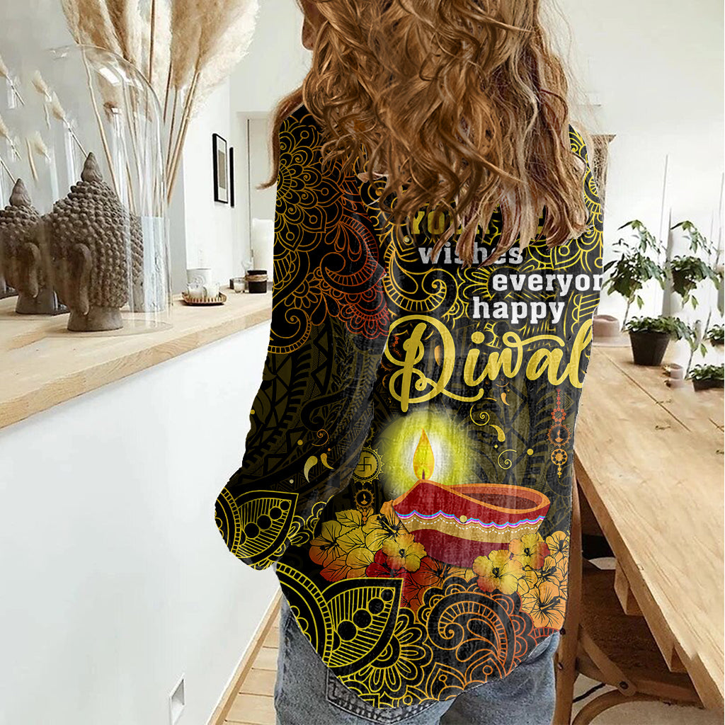 personalized-happy-diwali-festival-women-casual-shirt-diya-lamp-hibiscus-polynesian-pattern