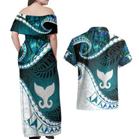 Aotearoa New Zealand Couples Matching Off Shoulder Maxi Dress and Hawaiian Shirt Maori Wera Paua Shell Teal Glitter
