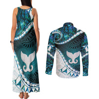 Aotearoa New Zealand Couples Matching Tank Maxi Dress and Long Sleeve Button Shirt Maori Wera Paua Shell Teal Glitter