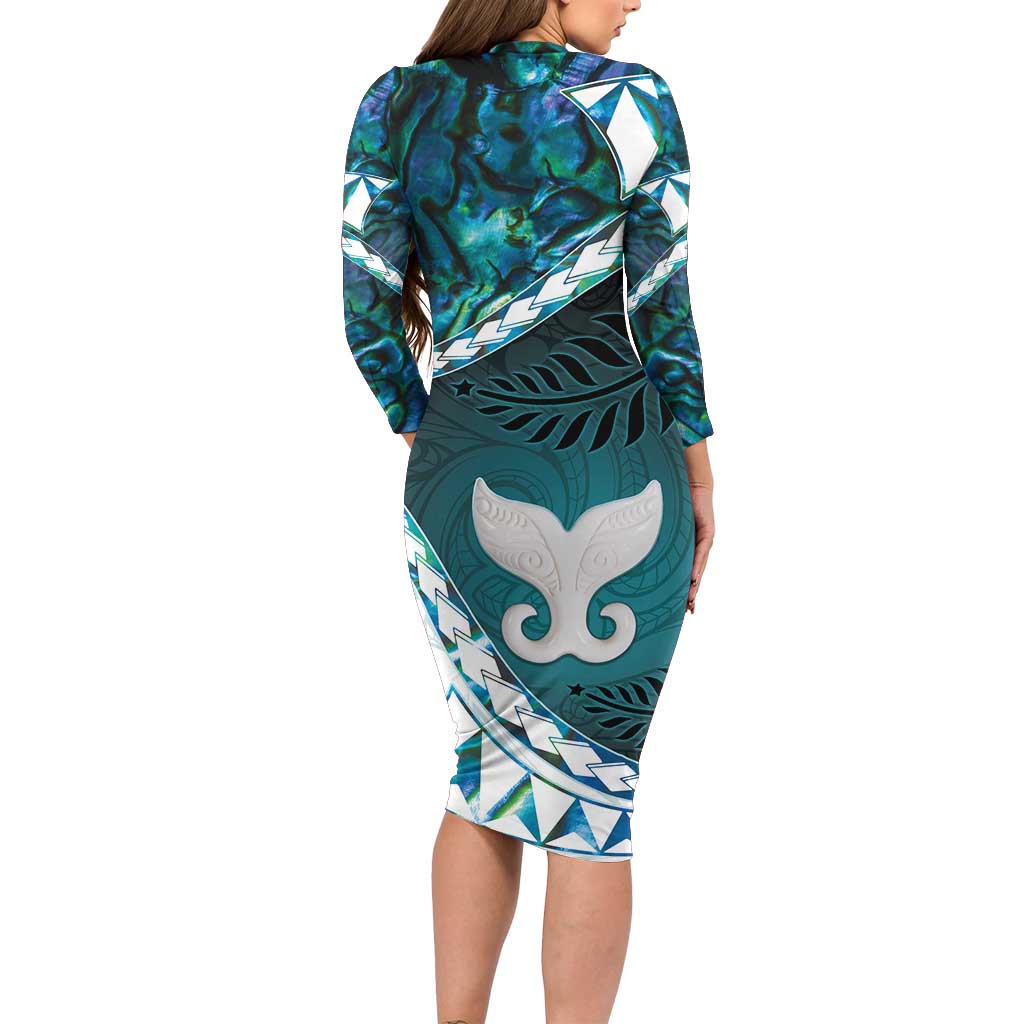 Aotearoa New Zealand Family Matching Long Sleeve Bodycon Dress and Hawaiian Shirt Maori Wera Paua Shell Teal Glitter
