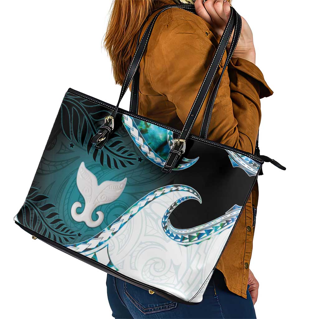 Aotearoa New Zealand Leather Tote Bag Maori Wera Paua Shell Teal Glitter