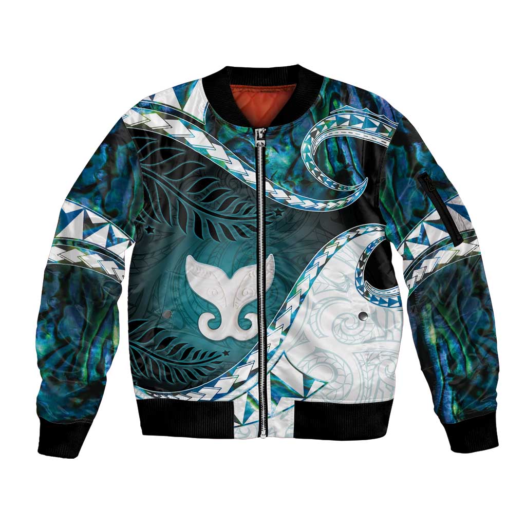 Aotearoa New Zealand Sleeve Zip Bomber Jacket Maori Wera Paua Shell Teal Glitter LT05 Unisex Teal - Polynesian Pride